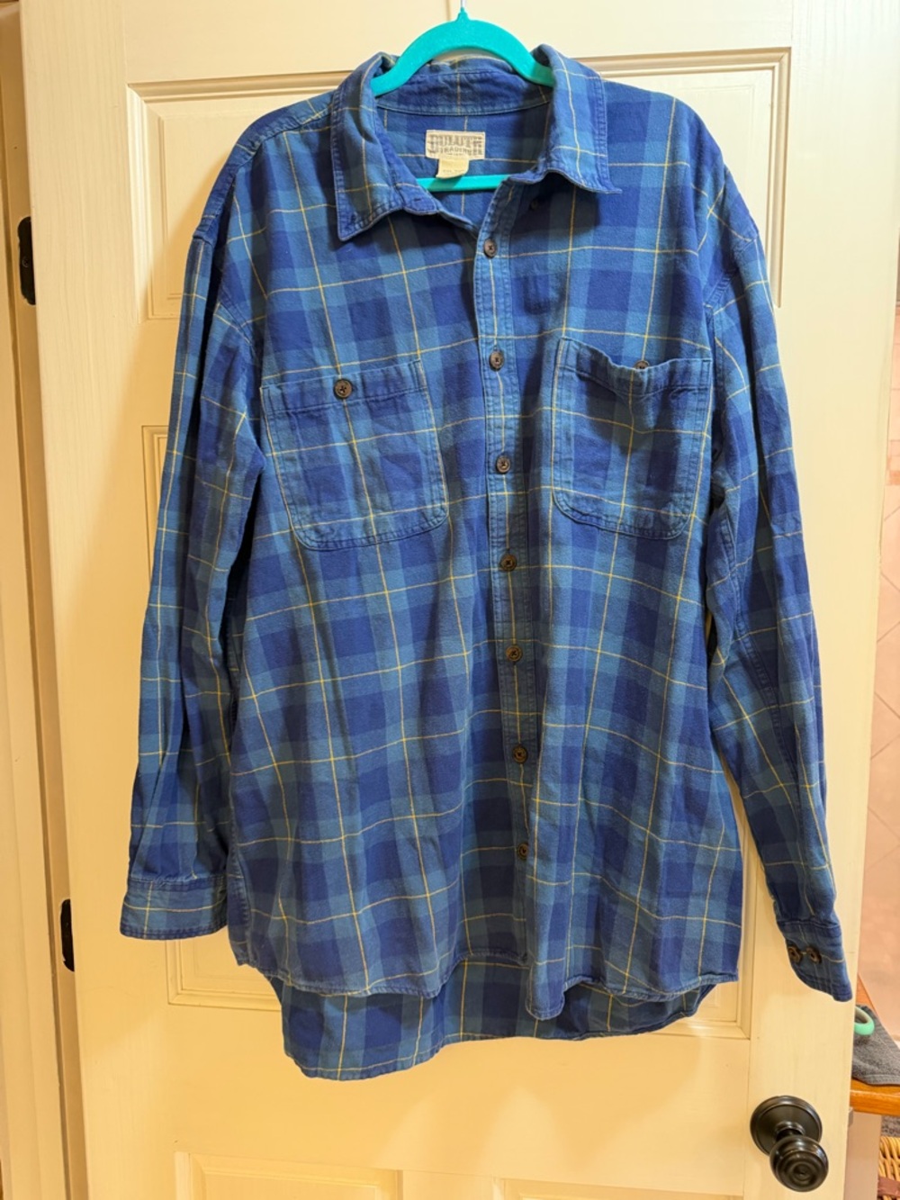 Duluth Trading Co. Navy Blue Plaid Shirt with Yellow Stitching